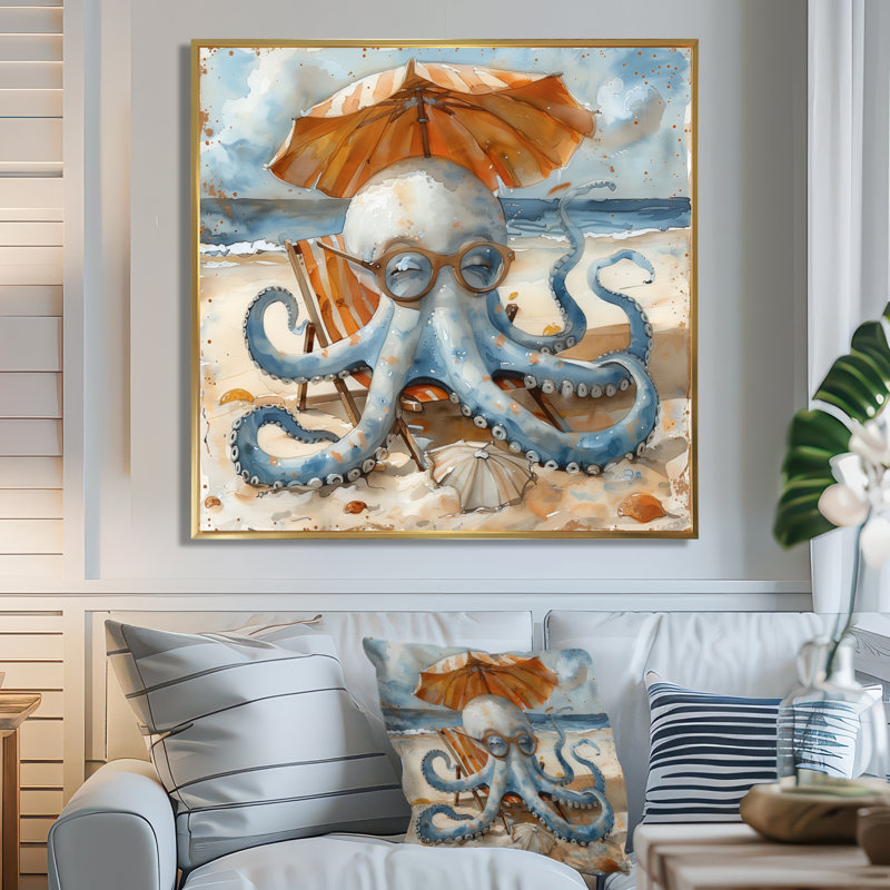 Pieuvre sur la plage à Hawaï II - pieuvre, décoration murale, Toile avec cadre flottant or, H 36 po x l 36 po x P 1,5 po