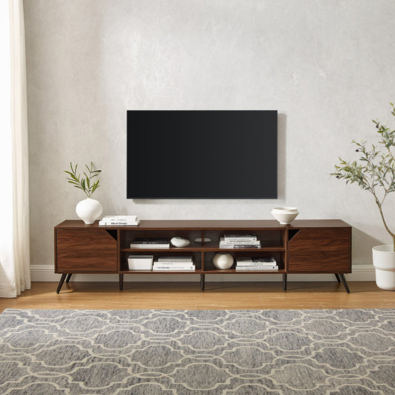 Meuble télé minimaliste à 2 portes avec rangement ouvert, L 80 po, Noyer foncé
