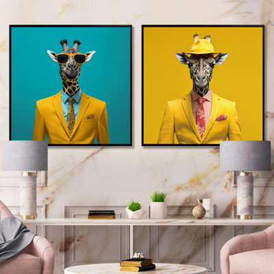 Yellow Suited Up Giraffe I - Giraffe Fashion Wall Art Prints Set Of 2