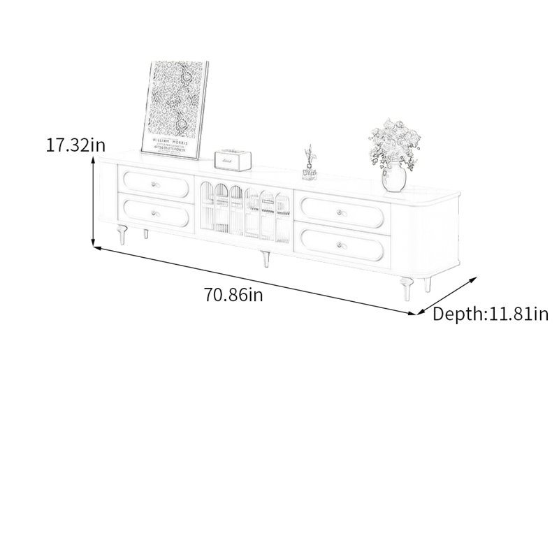 Meuble télé élégant avec rangement minimaliste, H 17,32 po x L 70,86 po x l 11,81 po, Blanc / Brun