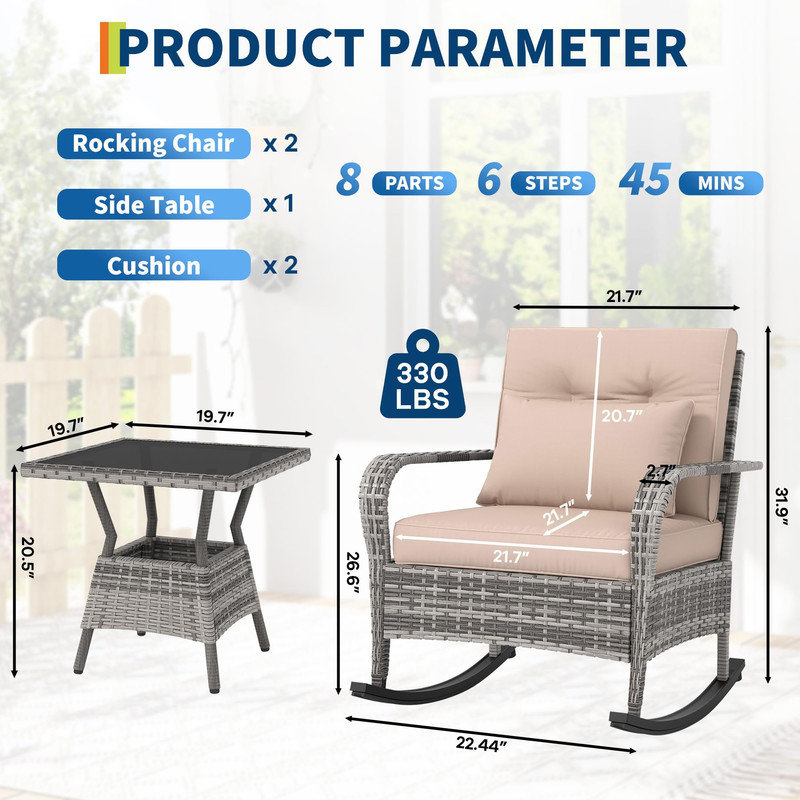 Assemblage simple - Livré avec des instructions claires et toute la quincaillerie; vous vous bercerez en un rien de temps. Chaise: 35 po x 22,4 po x 31,9 po, table: 19,7 po x 19,7 po x 20,5 po.