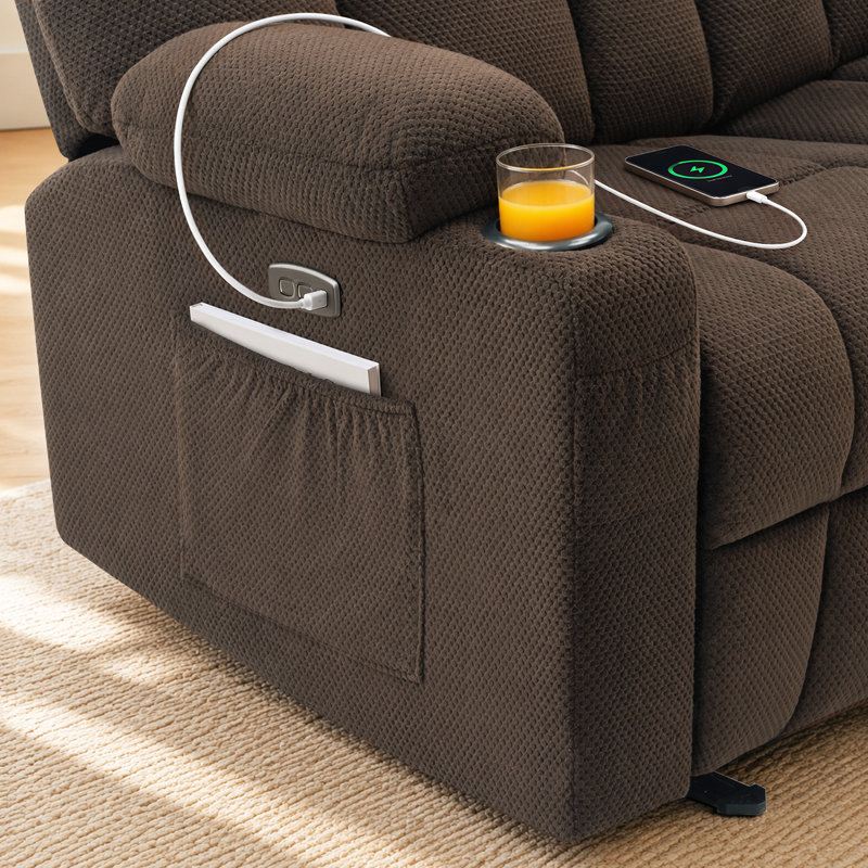 Causeuse électrique inclinable avec chaleur et massage, porte-gobelets, port de charge USB, Mélange de polyester brun