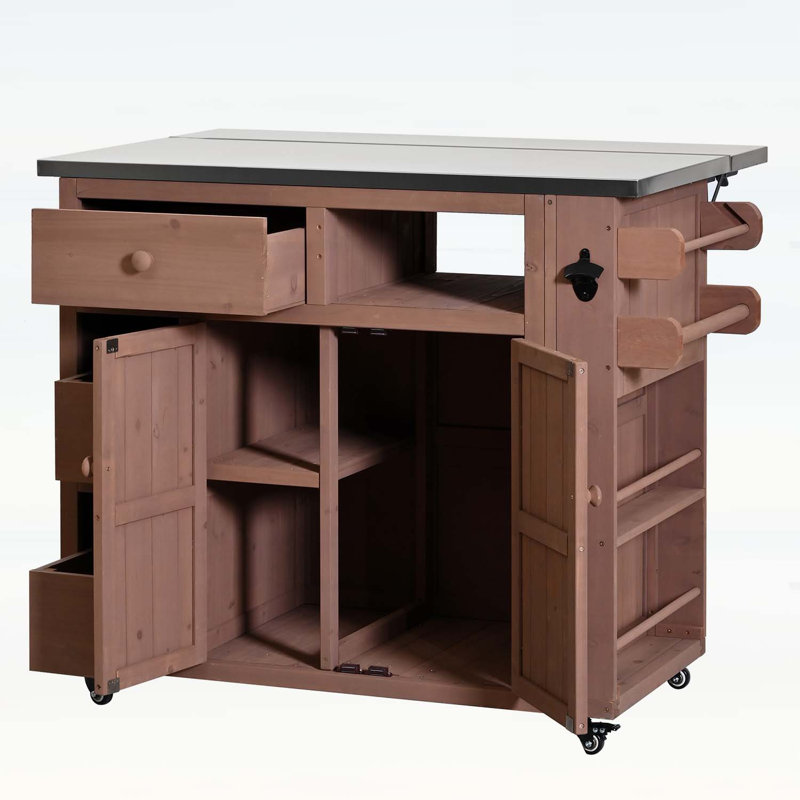 Outdoor Extendable Kitchen Island,Stainless Steel Top with Spice Rack and Storage, Brown