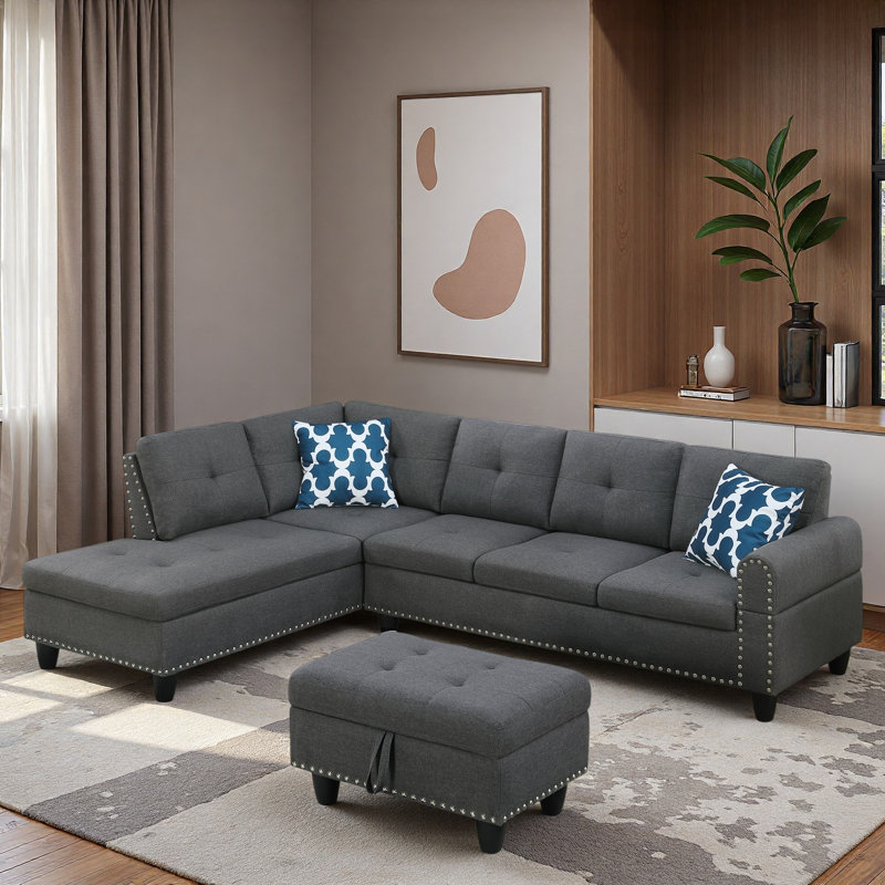 Linen Fabric L - Shaped Sectional Sofa With Nailhead Trim And Cup Holders And Storage Ottoman, Dark Gray