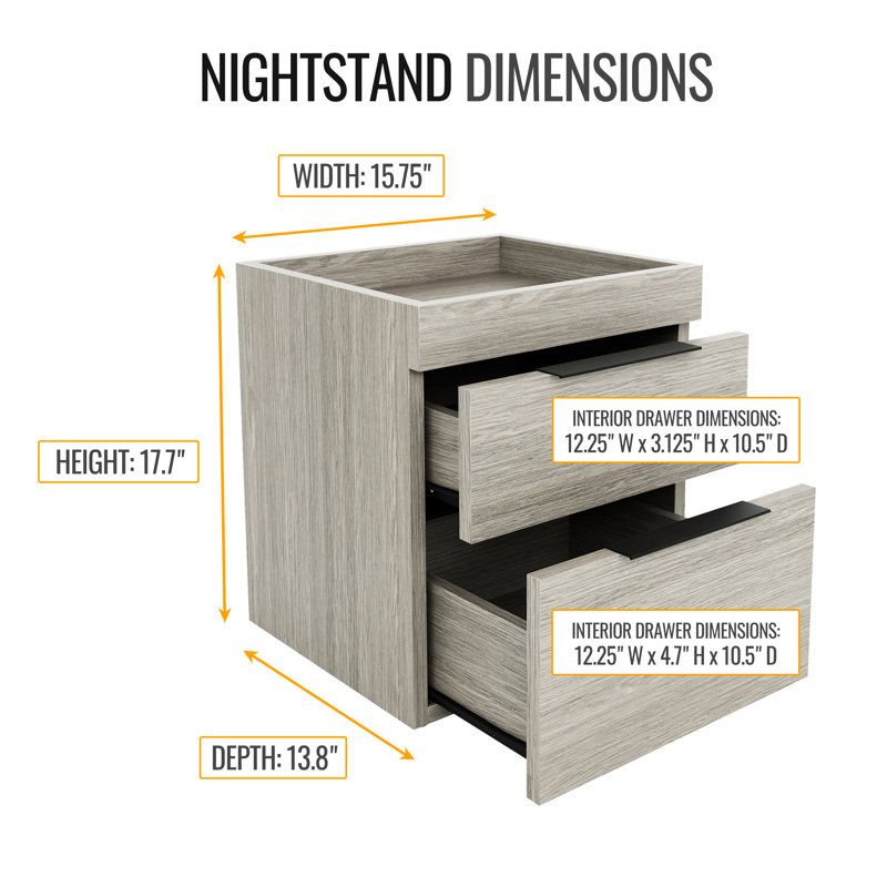 Capri Modern Double Drawer Low Profile Nightstand, Gray