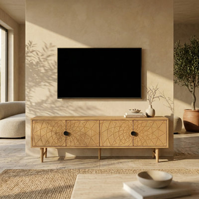Meuble télé en bois massif de 63,5 po pour téléviseur de 75 po ou moins Bloom, console multimédia à 4 portes avec façade radiale sculptée à la main, meuble décoratif sculptural pour espace de vie, assemblage sans effort, sable