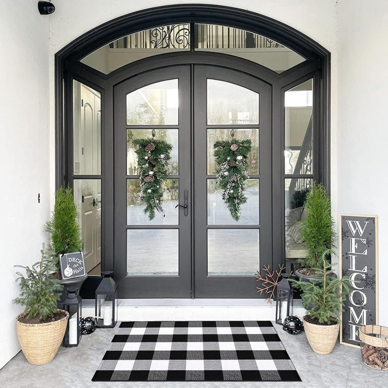 Tapis en coton à carreaux Buffalo - noir et blanc - lavable, motif à carreaux, intérieur / extérieur, style maison de campagne