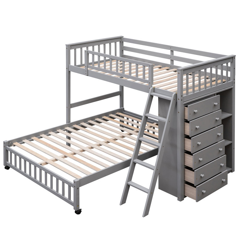 Lit superposé en bois gris avec lits simples superposés, six tiroirs et fond amovible avec motifs de tablettes de rangement réglables
