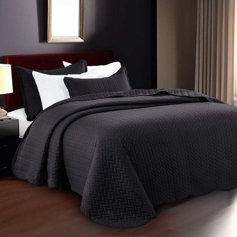 Ensemble de couvre-lit en microfibre embossée 3 pièces avec taies d'oreiller assorties, Noir