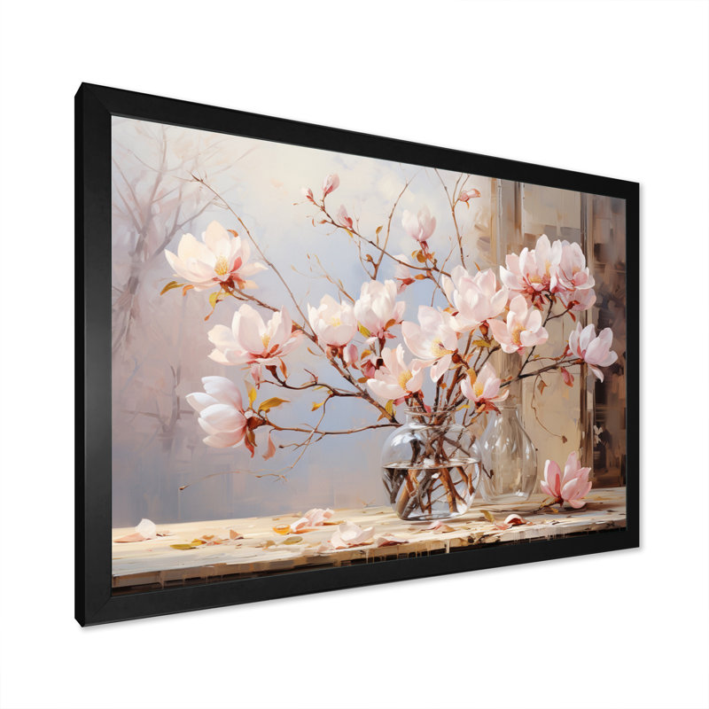 " Pink Beige Magnolias Romantic Impression ", Cadre simple noir, H 12 po x l 20 po x P 1 po