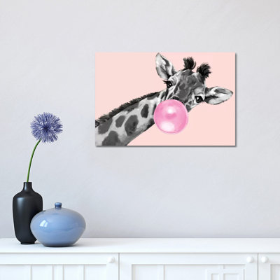 Sneaky Giraffe Blowing Bubble Gum In Pink by Big Nose Work - Wrapped Canvas Print