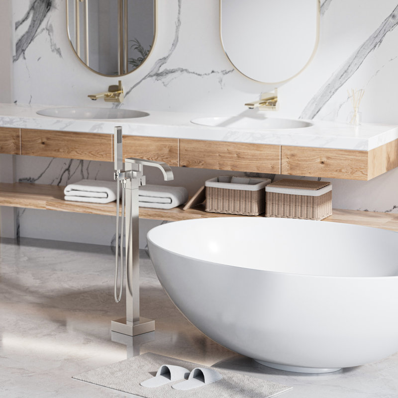 34" Floor Mount Freestanding Bathtub Faucet With Handheld Shower, Brushed Nickel, 304 Stainless Steel, CUPC Certified Ceramic Valve, Waterfall Spout, 2-In-1 Dual Function