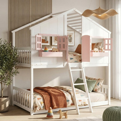 Solid Pine  Wood Twin-Over-Twin Bunk Bed With House-Shaped Frame Guardrails, Space-Saving Loft Bed, Shared Bedroom Furniture