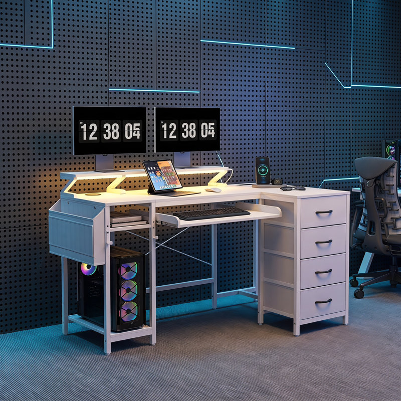 Bureau de jeu avec lumières DEL et prises de courant Bureau d'ordinateur avec plateau pour clavier et support pour écran