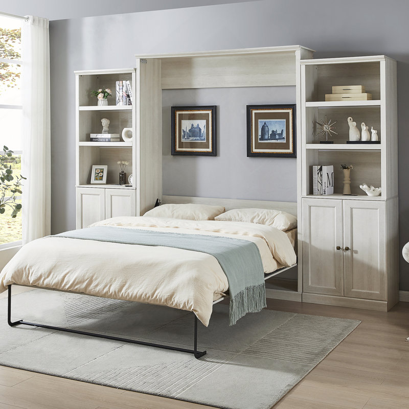 Lit escamotable avec bureau Kailer, Grand, 1 Bed, 1 Side Cabinet Storage Shelf, Blanc rustique