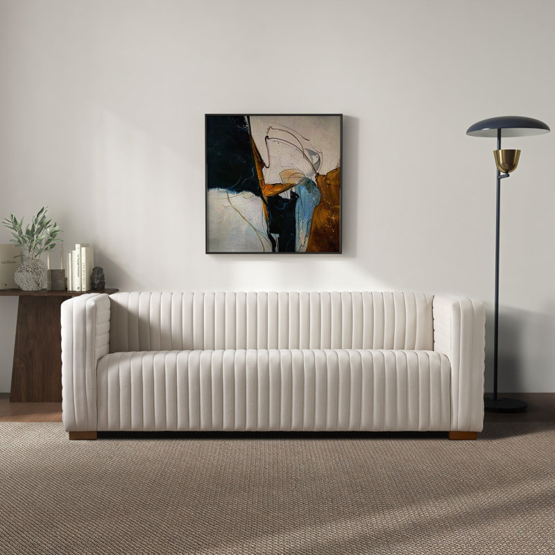 Tanecia Mid-Century Modern Velvet Channel Tufted 3-Seater Sofa, Cream