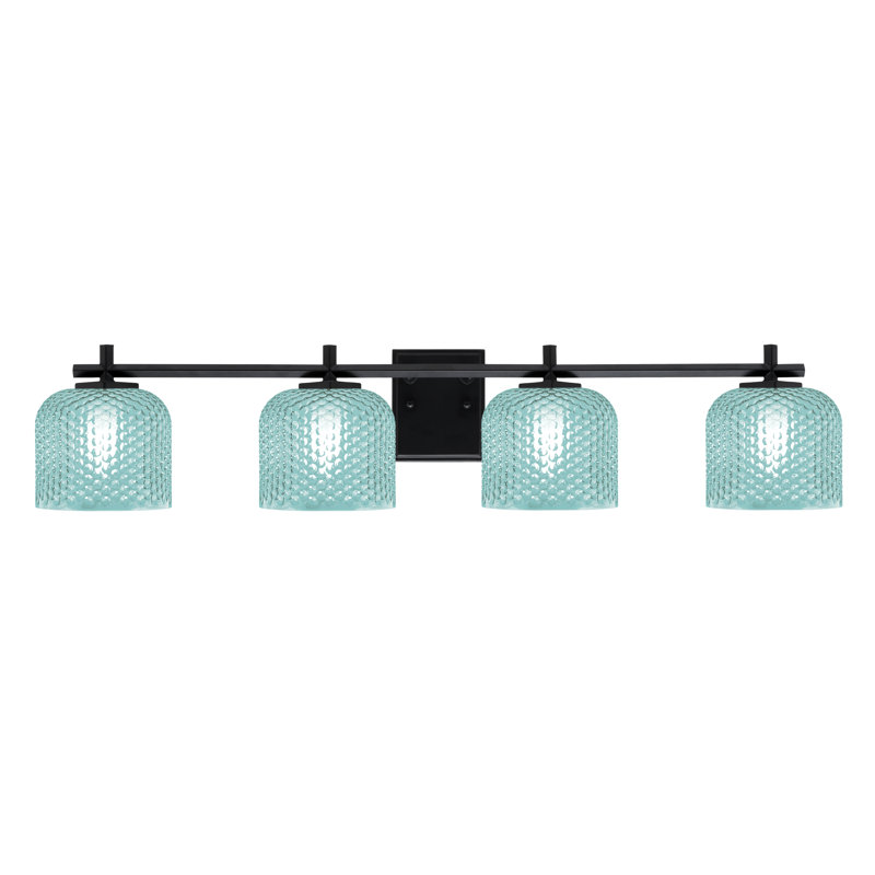 Barre d'éclairage de salle de bain 4 lumières Mariko avec verre texturé turquoise 6 po, Bleu sarcelle, Noir mat