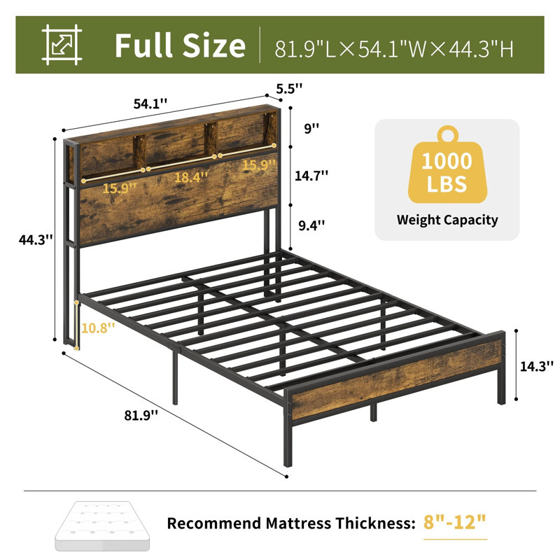 Yoobure Full Size Bed Frame With Headboard Metal Platform Bed With Led Lights And Charging Station,Wood Bed Frames With Footboard，Rustic Brown