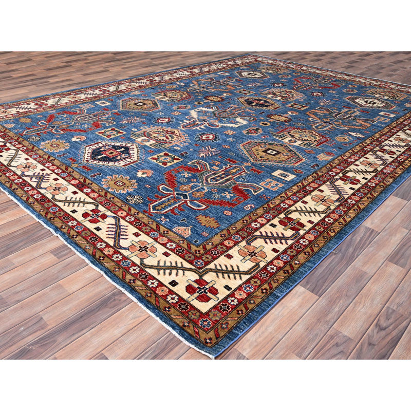 Tapis oriental bleu en laine noué à la main 9 pi 11 po x 13 pi 5 po - MOA10286343