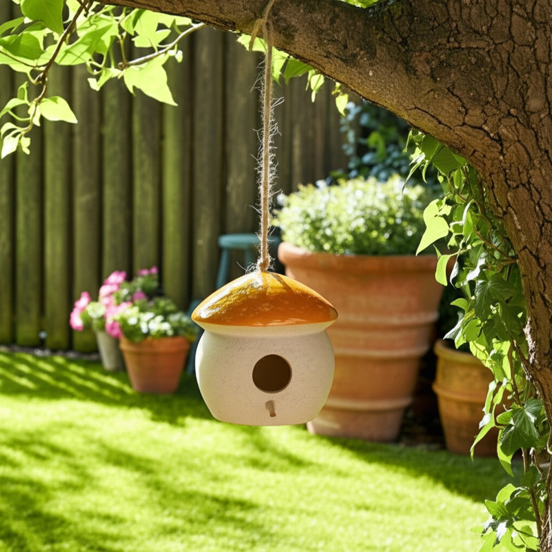 Maison d'oiseaux décorative unique de style champignon - nichoirs d'extérieur compacts avec mangeoire à oiseaux suspendue, mangeoire d'oiseaux de jardin et décoration de patio - 6 po