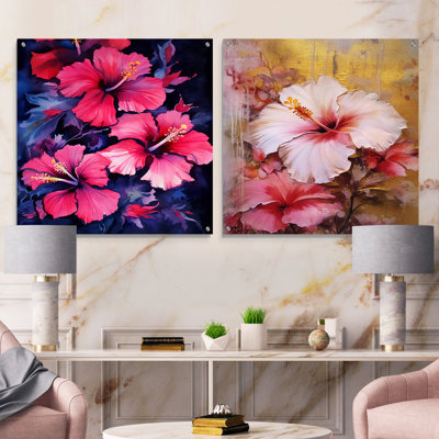 «Tropical Floral Hibiscus Beauty III - Hibiscus», ensemble de 2 peintures murales en acrylique