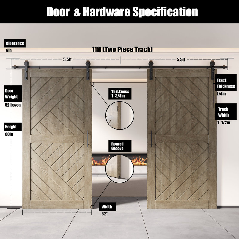 Portes de grange géométriques doubles non assemblées et finies de 32 po x 80 po Homacer Classic Gray, 32" x 80"