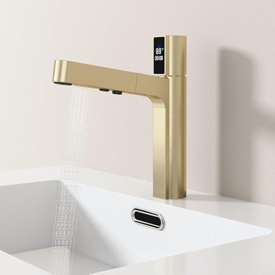 Bathroom Sink Faucet with Pull Out Sprayer, Fahrenheit Degree Temperature LED Digital Display Faucet 2 Water Flow Modes Brass Bathroom Faucets for Sink 1 Hole (Brushed Gold)