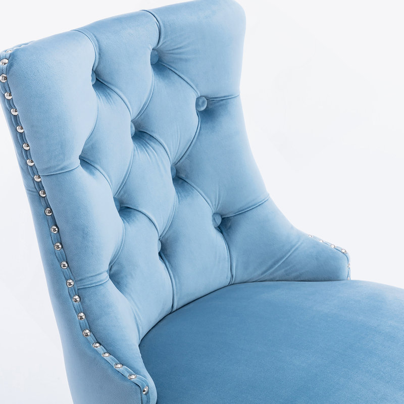Tabourets de bar rembourrés avec décoration capitonnée à boutons et pieds en bois, Bleu clair, Gris