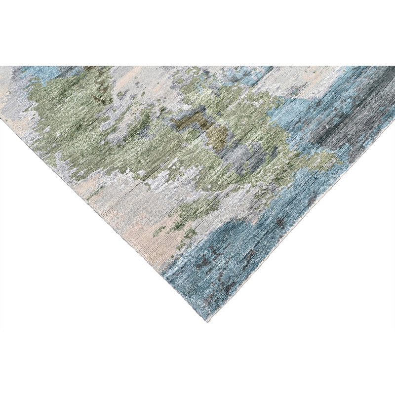 High-Quality Hand-Knotted Blue And Green Area Rug, Rectangle 5' x 8'