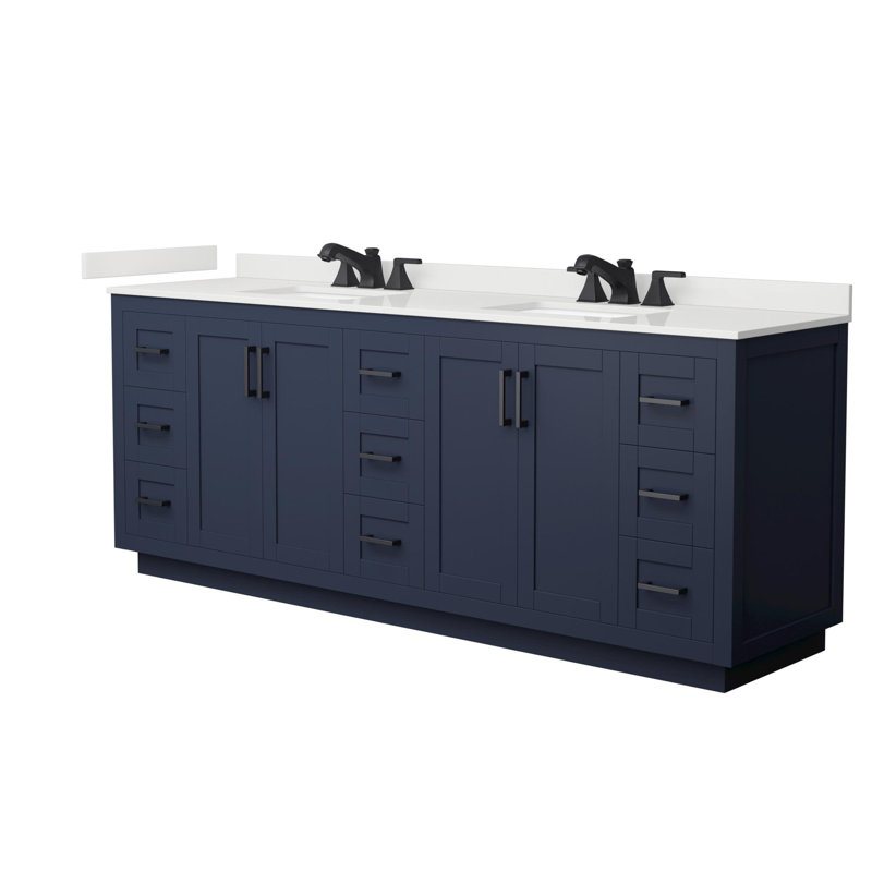Miranda 84" Freestanding Double Bathroom Vanity with Quartz Top, Dark Blue, White Quartz, Matte Black