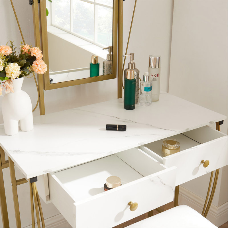Elegant White and Gold Vanity Table Set with Bench