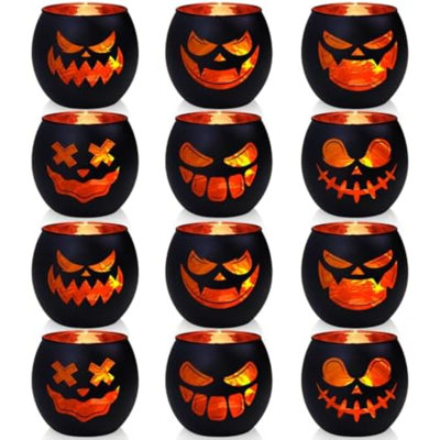 Porte-bougies noirs de centre de table d'Halloween 12 pièces, bougeoirs lanternes Jack O Lantern