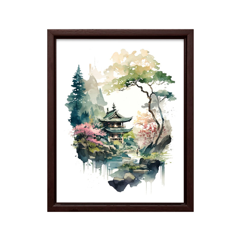 Maison de lac japonaise, 24"H x 32"W, Canvas, Brown Framed