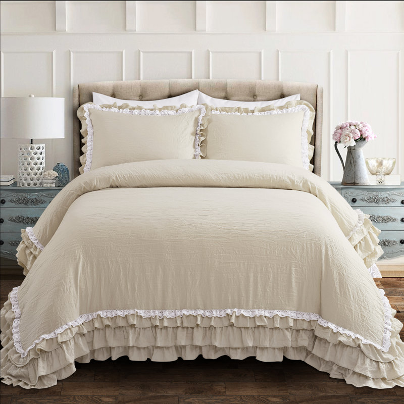 Ensemble d'édredon en microfibre Ella Shabby Elegance, Édredon pour très grand lit + 2 taies décorativ, Neutre