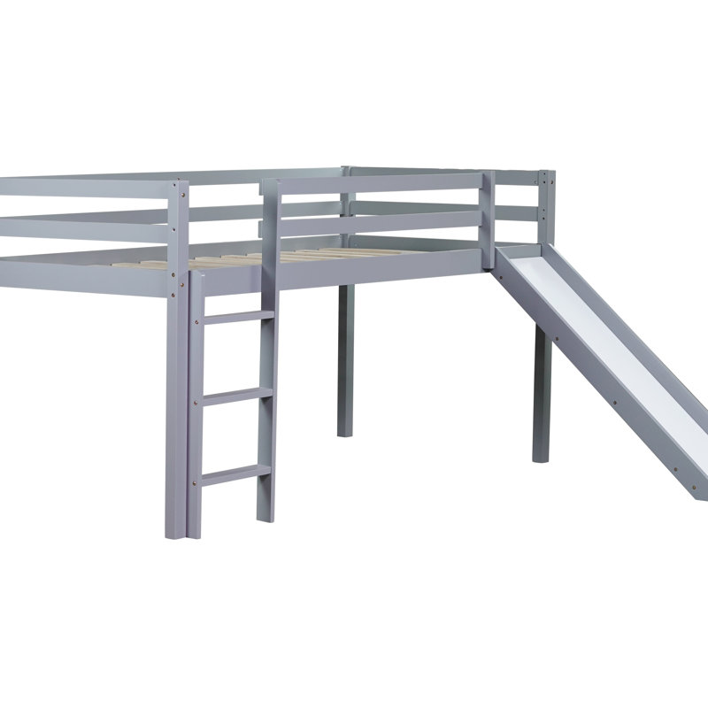 Twin Low Loft Bed with Slide, Ladder & Safety Guardrails, Rubber Wood Twin Loft Bed for Kids, Space-Saving Grey Design, Gray