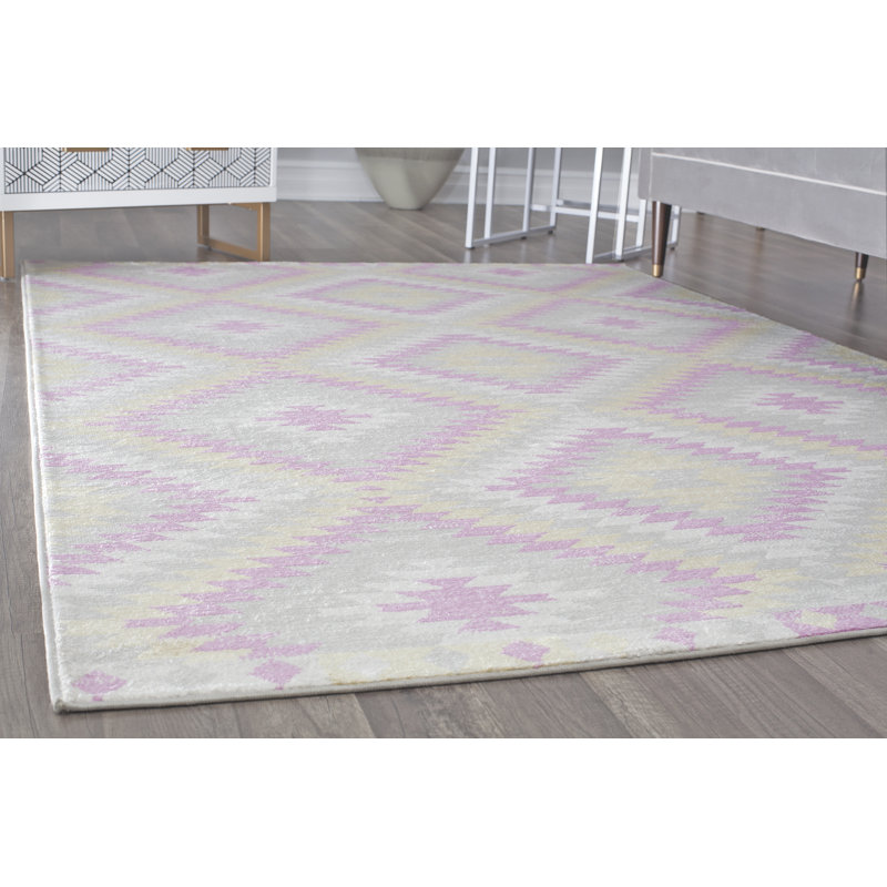 Tapis à motif tribal Mecca Bodrum BubbleGum, Rectangle 8 pi 9 po x 12 pi, Jaune/Rose/Ivoire/Gris