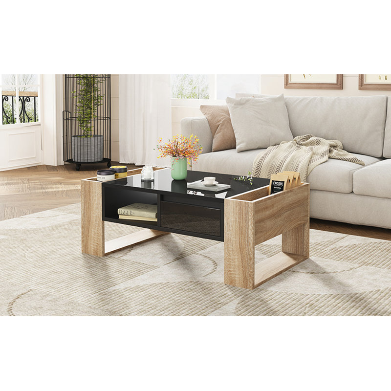 Table basse haute brillance avec 2 tiroirs, Noir