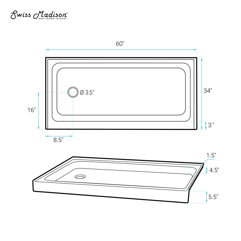Voltaire 60" x 34" Acrylic White, Single-Threshold, Shower Base, Left