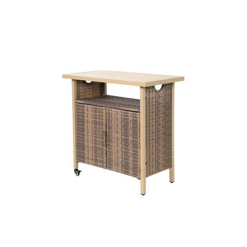 Outdoor Wicker Bar Cart, Patio Wine Serving Cart w/Wheels , Rolling Rattan Beverage Bar Counter Table w/Glass Top for Porch Backyard Garden Poolside Party