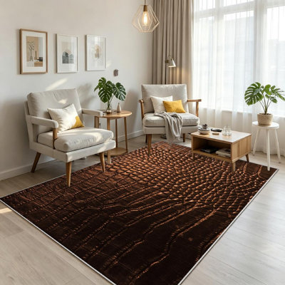 Brown Crocodile Leather Fancy Abstract Alligator Animal Art Bag Case Machine Washable Indoor Area Rug