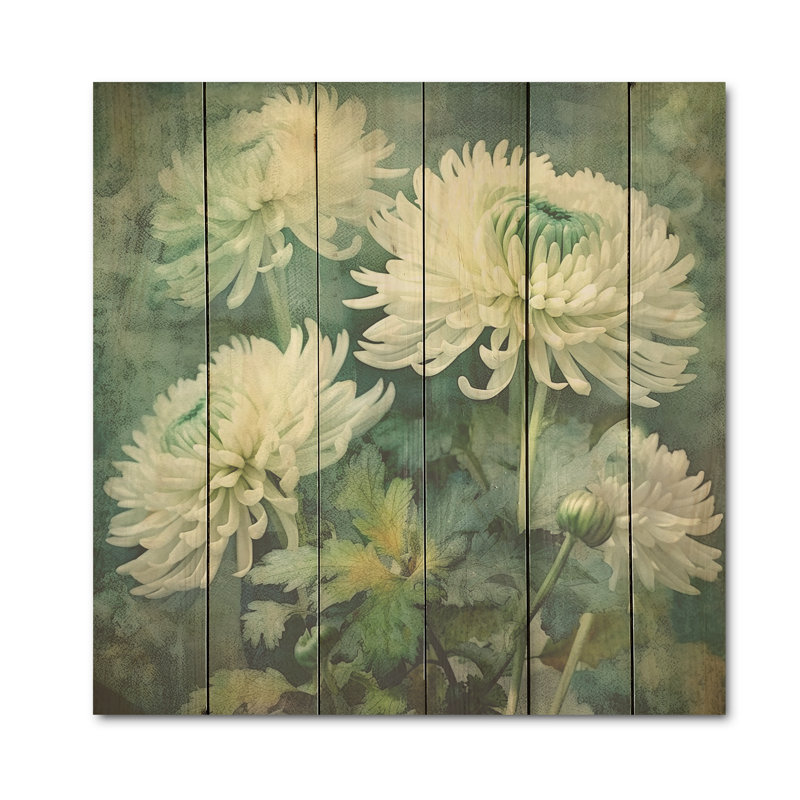 Collage de chrysanthèmes blancs et verts - art mural sur bois de pin naturel, H 30 po x l 30 po