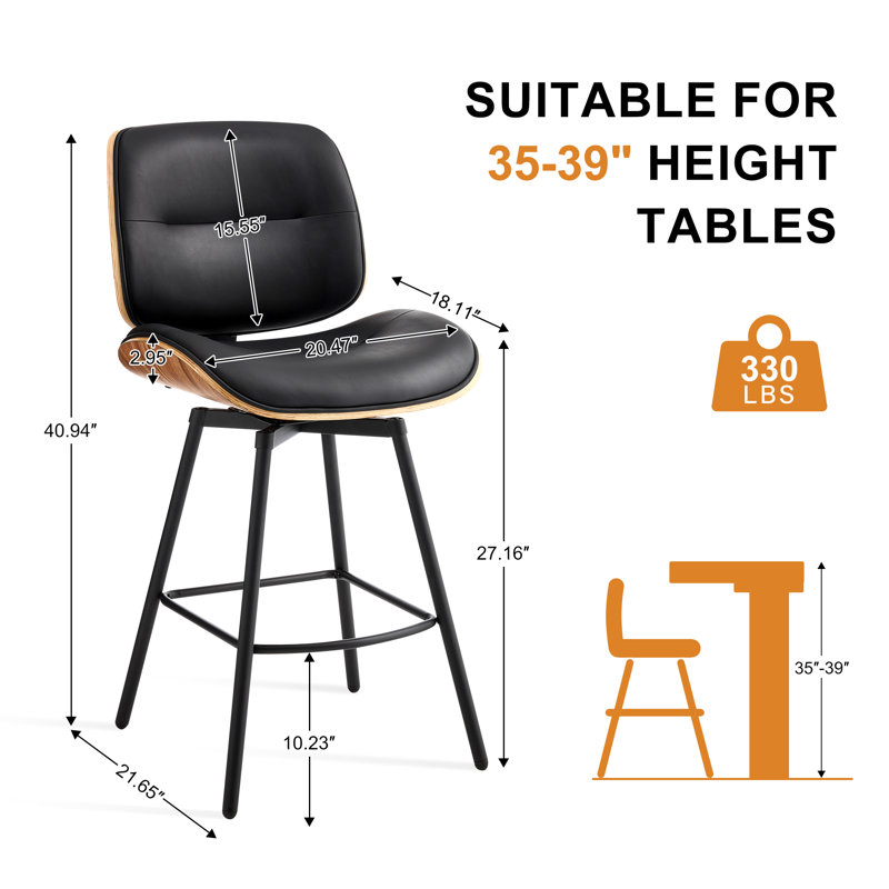 Swivel Upholstered Counter-Height Bar Stools, Black