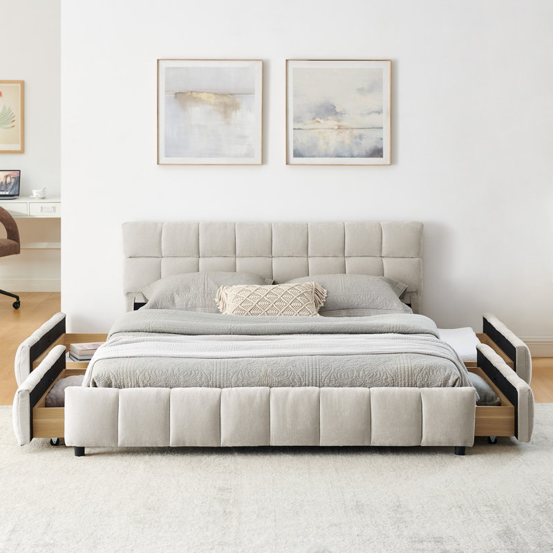 Grand lit de rangement en chenille beige, Beige