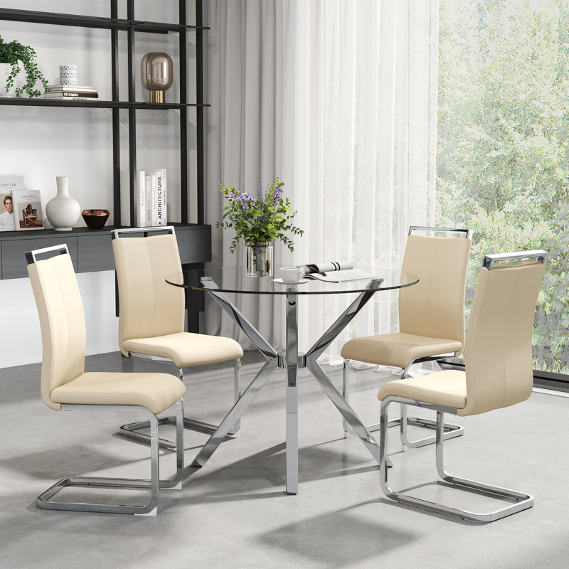 Ensemble de table de salle à manger moderne en verre avec chaises rembourrées en polyuréthane 4/6, pieds chromés argentés / noirs / dorés