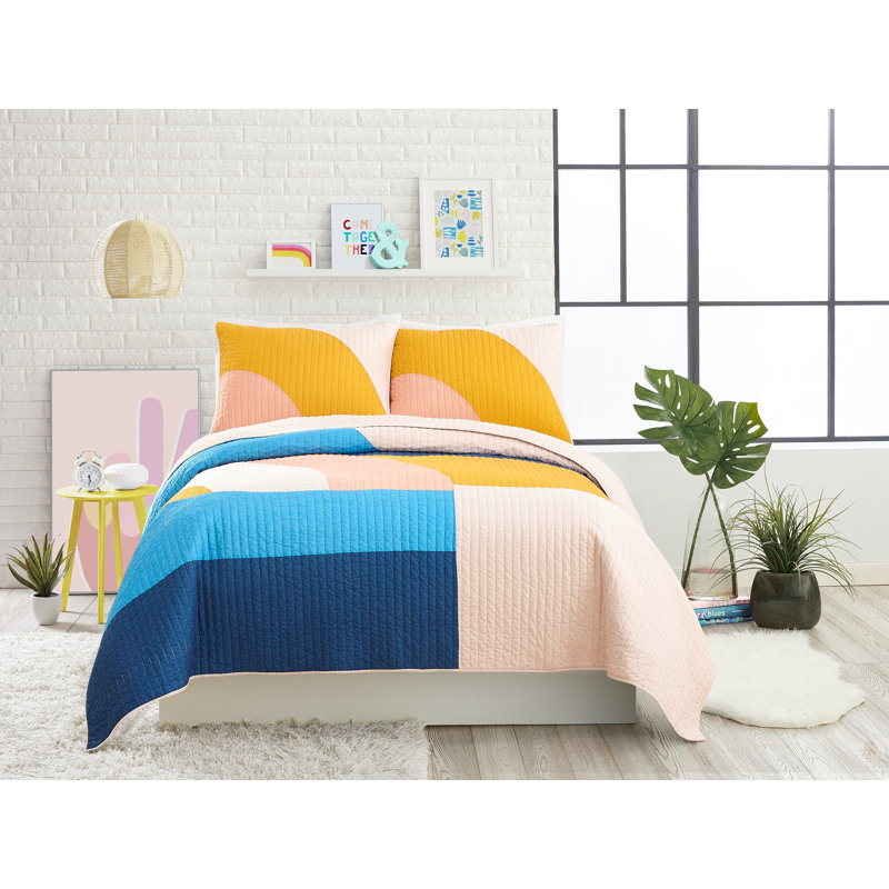 Modshapes Pink/Blue 100% Cotton Quilt Set, Full/Queen Quilt + 2 Shams
