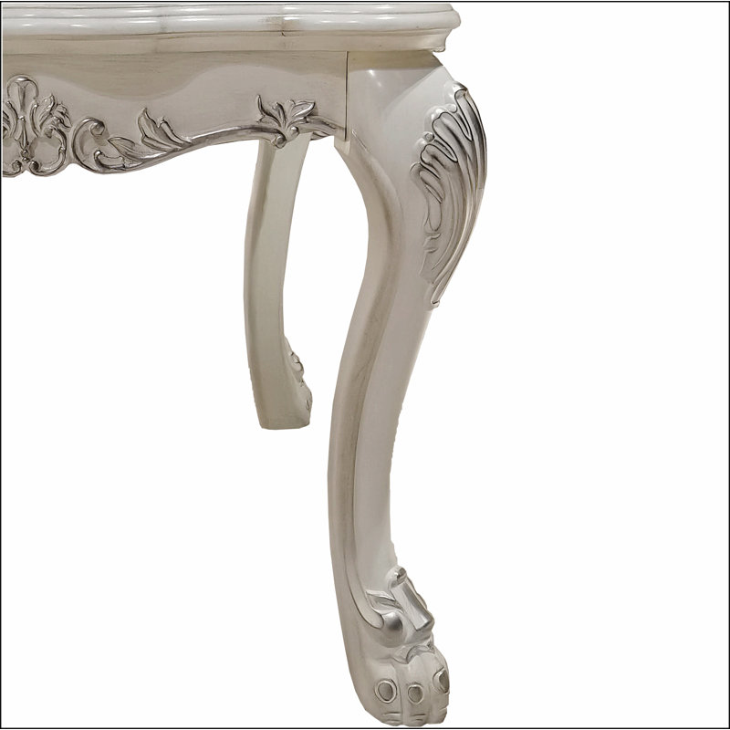 Bone White Square End Table with Intricate Carved Accents
