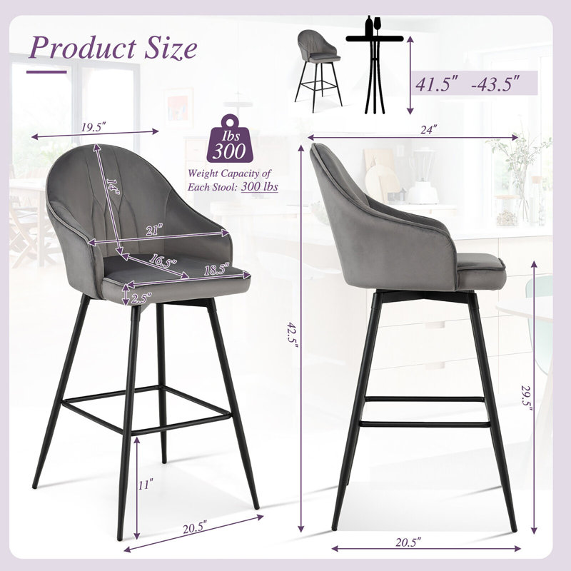 Matthys Swivel Upholstered Velvet Counter Stool with Steel Frame