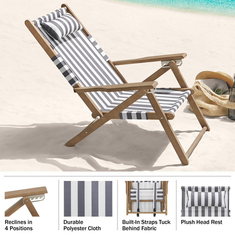 Beach Chair - Outdoor Weather-Resistant Wood Folding Chair with Backpack Straps - 4-Position Reclining Seat - Beach Essentials by Lavish Home (Gray)