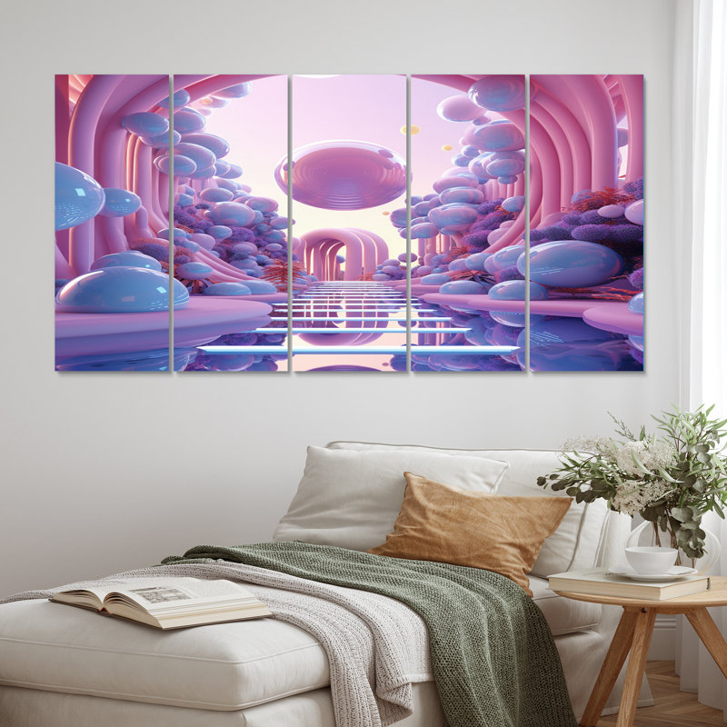 Sphère rose et bleue, univers cosmique futuriste - impression abstraite de paysage mural - 5 panneaux égaux