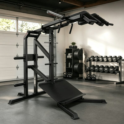 Machine à squat à levier, appareil de musculation 4 en 1 pour le bas du corps avec développé épaules, extensions de mollets et fentes, équipement de musculation robuste à charge guidée, capacité de 454 kg (1000 lb), noir